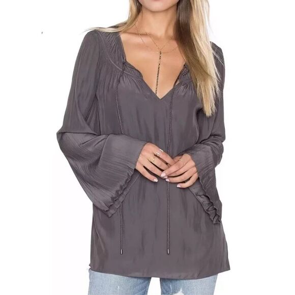 RAMY BROOK AMAL LONG BELL ACCORDION SLEEVE TIE NECK BLOUSE WHITE sz S - Picture 1 of 10